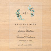 Eucalyptus Monogram Trouw Save the Date Acryl Uitnodigingen (Voorkant)