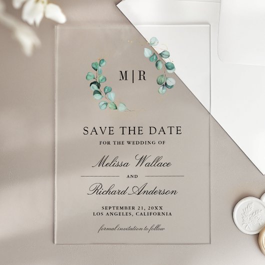 Eucalyptus Monogram Trouw Save the Date Acryl Uitnodigingen