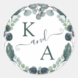 Eucalyptus Monogram Waterverf Bruiloft Ronde Sticker