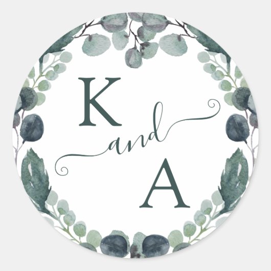 Eucalyptus Monogram Waterverf Bruiloft Ronde Sticker (Voorkant)