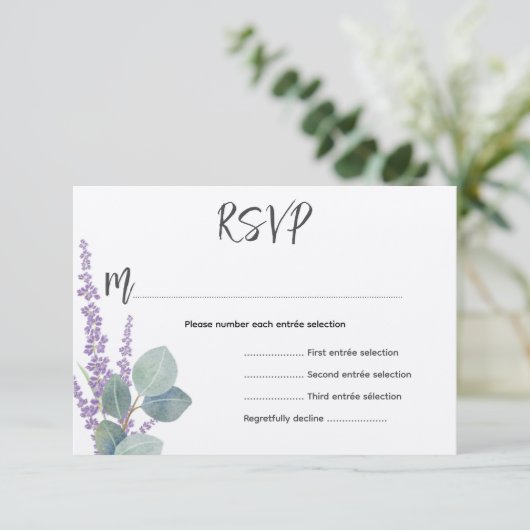 Eucalyptus n Lavender Botanical Weddenschap Initia RSVP Kaartje (Staand voorkant)