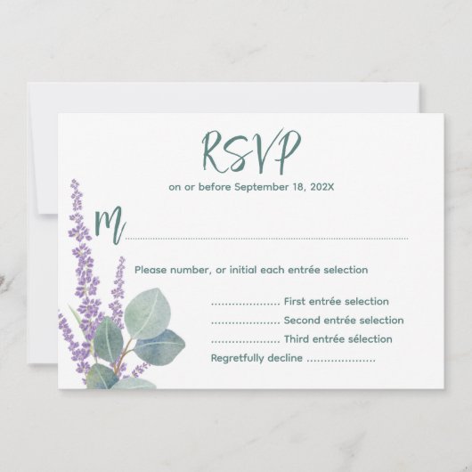 Eucalyptus n Lavender Botanical Wedding Reply Kaar Kaart (Voorkant)