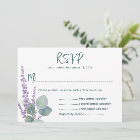 Eucalyptus n Lavender Botanical Wedding Reply Kaar Kaart (Staand voorkant)