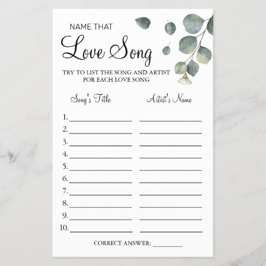 Eucalyptus Name that love song shower game card Flyer (Voorkant)