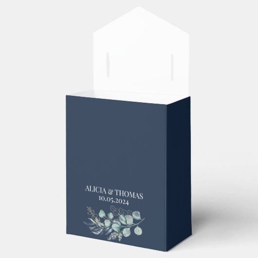 Eucalyptus Navy Blauwe Botanische Initialen Huweli Bedankdoosjes (Geopend)