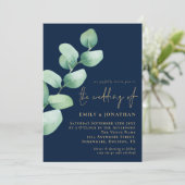 Eucalyptus Navy Blue Gold QR Code Weddenschap Kaart (Staand voorkant)