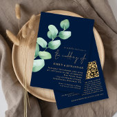 Eucalyptus Navy Blue Gold QR Code Weddenschap Kaart