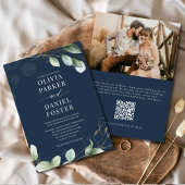 Eucalyptus Navy Blue QR Code Photo Wedding Kaart