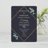 Eucalyptus Navy Gouden Avond Huwelijksuitnodiging Kaart (Staand voorkant)
