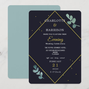 Eucalyptus Navy Gouden Avond Huwelijksuitnodiging Kaart