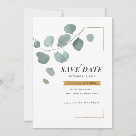 Eucalyptus Nepgoud Frame Botanisch Modern Save The Date (Voorkant)