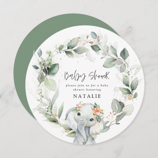 eucalyptus olifant cute groene baby shower uitnodi kaart (Voorkant / Achterkant)