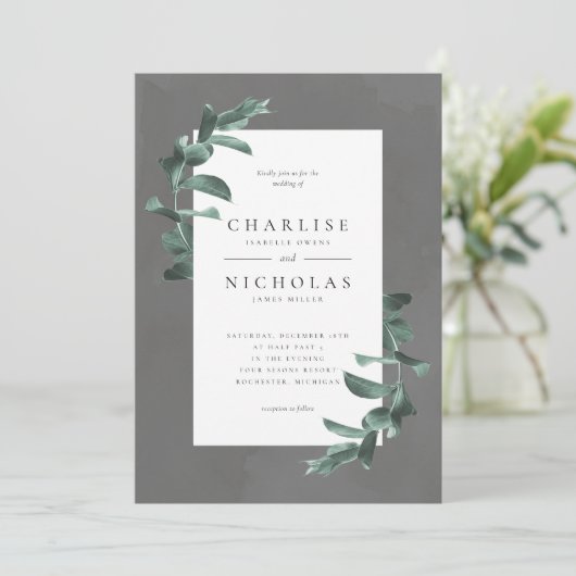 eucalyptus op uitnodiging voor een grijze bruiloft (Staand voorkant)
