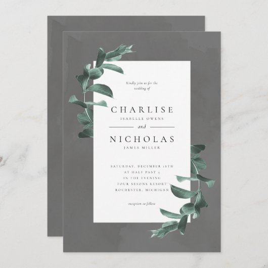 eucalyptus op uitnodiging voor een grijze bruiloft (Voorkant / Achterkant)