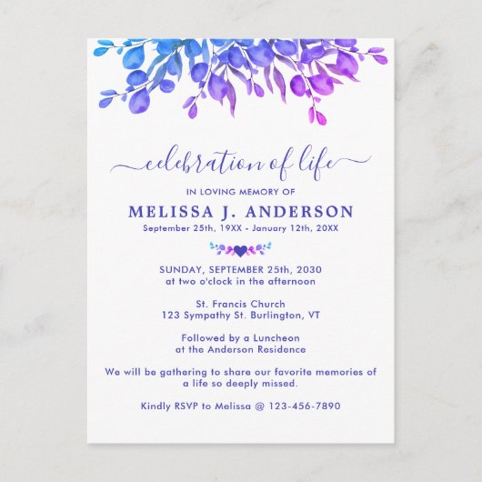 Eucalyptus Paars-Greenery viering leven Uitnodiging Briefkaart (Voorkant)