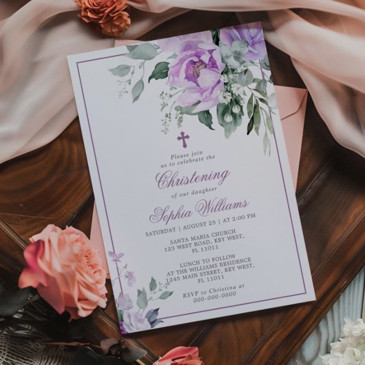 Eucalyptus Paarse Bloemen Doop Uitnodiging