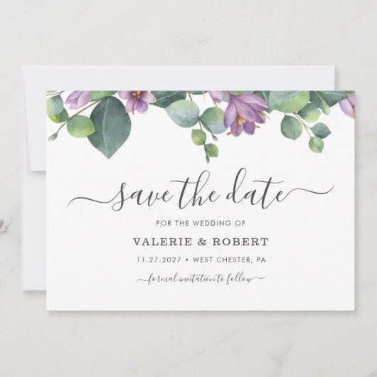 Eucalyptus Paarse Bloemige Succulent Save The Date (Voorkant)
