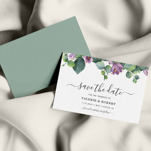Eucalyptus Paarse Floral Succulent Save the Date Notitiekaartje