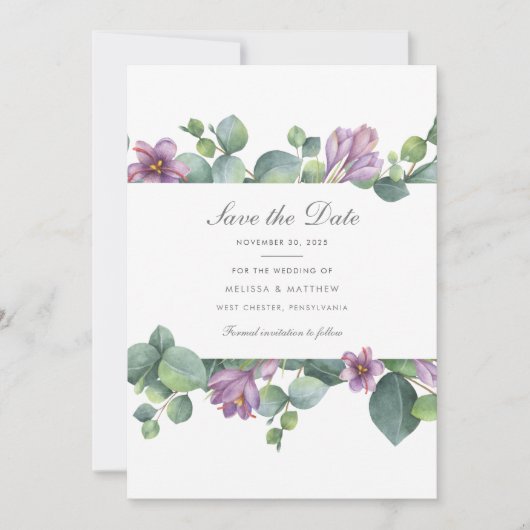 Eucalyptus Paarse Groene Bloemige Succulent Save The Date (Voorkant)