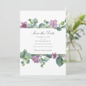 Eucalyptus Paarse Groene Bloemige Succulent Save The Date (Staand voorkant)