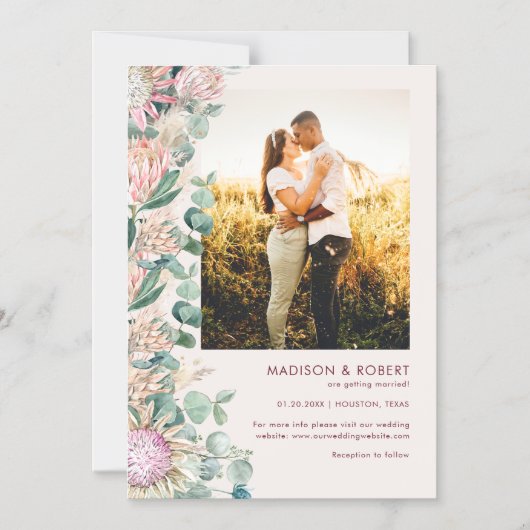 Eucalyptus Pampas Grass Pink Proteas Save the Date Magnetische Uitnodiging (Voorkant)