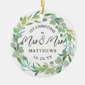 Eucalyptus Pas getrouwd 1e Kerstmis mevrouw & mevr Keramisch Ornament (Voorkant)