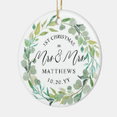 Eucalyptus Pas getrouwd 1e Kerstmis mevrouw & mevr Keramisch Ornament (Links)