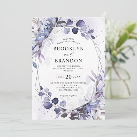 Eucalyptus Periwinkle Paarse Geometrische bruiloft Kaart (Staand voorkant)