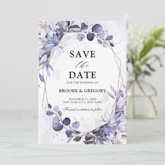 Eucalyptus Periwinkle Paarse Geometrische bruiloft Save The Date (Staand voorkant)