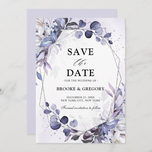 Eucalyptus Periwinkle Paarse Geometrische bruiloft Save The Date (Voorkant / Achterkant)