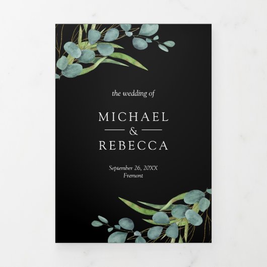 Eucalyptus Photo Collage QR Code Black Weddenschap Drieluik Uitnodiging (Cover)