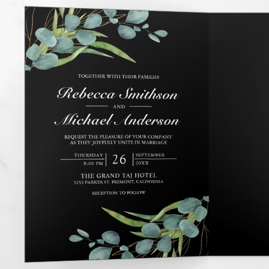 Eucalyptus Photo Collage QR Code Black Weddenschap Drieluik Uitnodiging (Binnenzijde eerst)