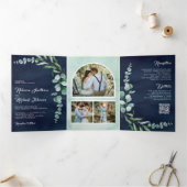 Eucalyptus Photo Collage QR Code Navy Blue Weddens Drieluik Uitnodiging (Binnen)