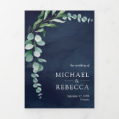 Eucalyptus Photo Collage QR Code Navy Blue Weddens Drieluik Uitnodiging (Cover)