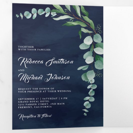 Eucalyptus Photo Collage QR Code Navy Blue Weddens Drieluik Uitnodiging (Binnenzijde eerst)