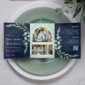 Eucalyptus Photo Collage QR Code Navy Blue Weddens Drieluik Uitnodiging