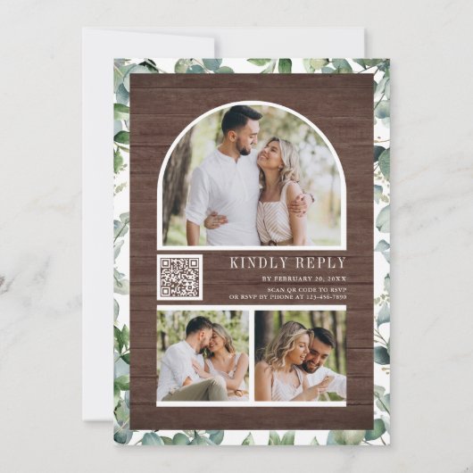 Eucalyptus Photo Collage QR Code Wood Wedding Kaart (Achterkant)