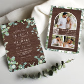 Eucalyptus Photo Collage QR Code Wood Wedding Kaart