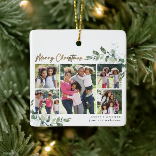 Eucalyptus Photo Gold Foil Merry kerst Keramisch Ornament (Boom)