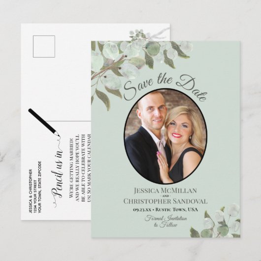 Eucalyptus & Photo Mint Wedding Save the Date Aankondigingskaart (Voorkant / Achterkant)