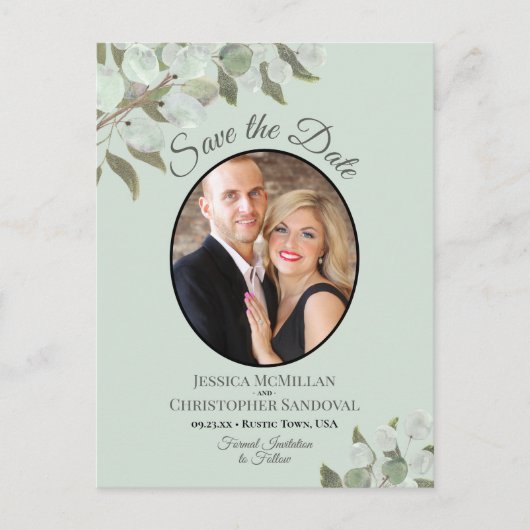 Eucalyptus & Photo Mint Wedding Save the Date Aankondigingskaart (Voorkant)