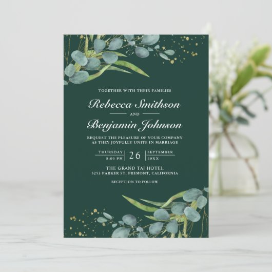 Eucalyptus Photo QR Code Emerald Green Wedding Kaart (Staand voorkant)