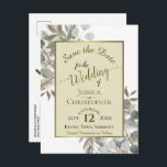 Eucalyptus & Pine Boho Gold Wedding Save the Date Aankondigingskaart<br><div class="desc">Dit mooie sparen de date briefkaart is zo ontworpen dat je vrienden en familie een idee krijgen van je trouwdatum. Het bijschilderende handbeschilderde ontwerp van de waterverf bevat bladsprig van eucalyptusbladeren en pijnboomtakken in grijsgroene tinten en gouden tinten, waarbij de datum wordt afgelezen op een lichtgele of goudkleurige achtergrond. Op...</div>