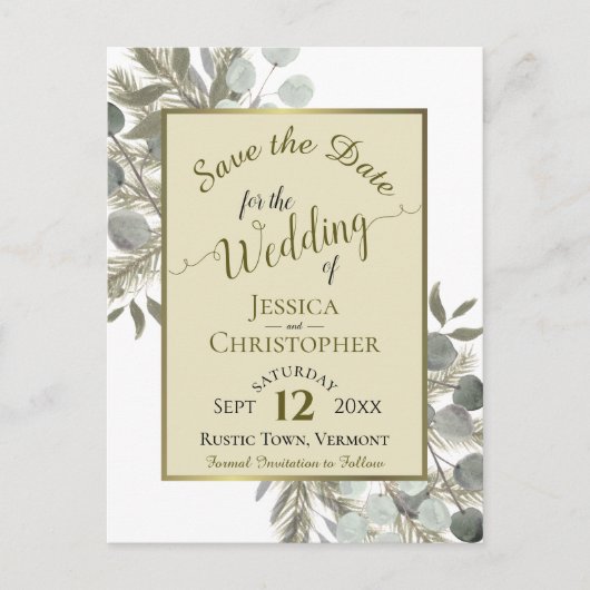 Eucalyptus & Pine Boho Gold Wedding Save the Date Aankondigingskaart (Voorkant)