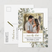 Eucalyptus & Pine Bruiloft Bewaar de datum Foto Aankondigingskaart (Voorkant / Achterkant)