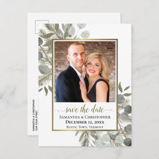Eucalyptus & Pine Bruiloft Bewaar de datum Foto Aankondigingskaart (Voorkant / Achterkant)