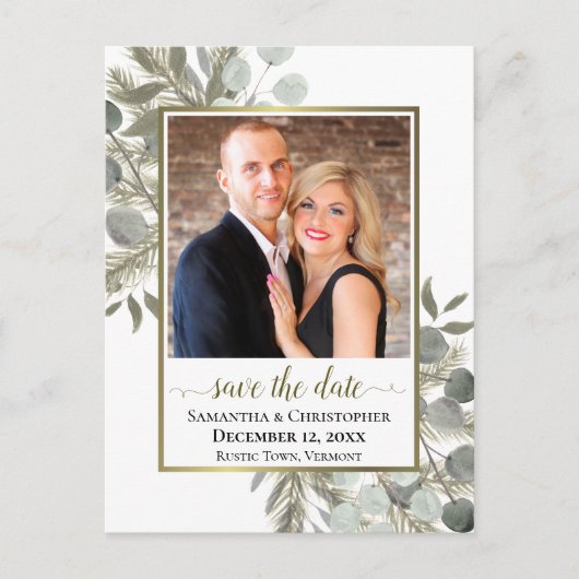 Eucalyptus & Pine Bruiloft Bewaar de datum Foto Aankondigingskaart (Voorkant)