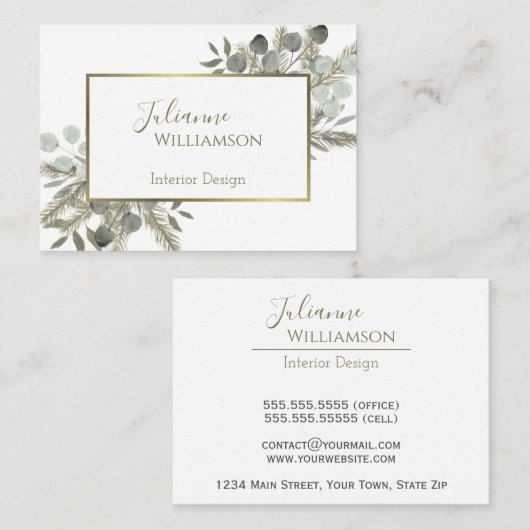 Eucalyptus & Pine Sage Groen & Goud Waterverf Visitekaartje (Voorkant / Achterkant)
