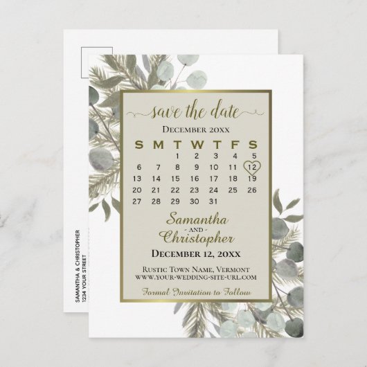 Eucalyptus & Pine Taupe Bruine Save the Date-agend Aankondigingskaart (Voorkant / Achterkant)