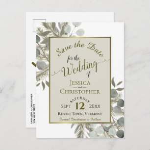 Eucalyptus & Pine Taupe Wedding Sla de datum op Aankondigingskaart